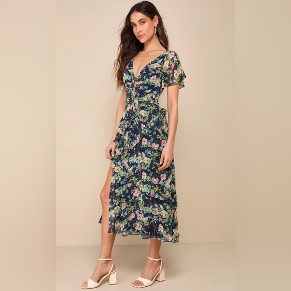 NWT Lulu's Next To You  Navy Blue  Floral V-Neck Ruffle Midi Dress